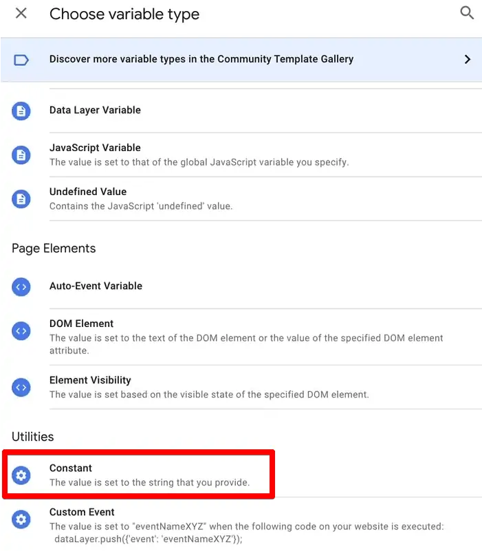 Choose Variable type Constant which means the value is set up to the string that you provide