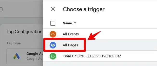 Choose a trigger All Pages to make the tag Google Ads Conversion ID fire