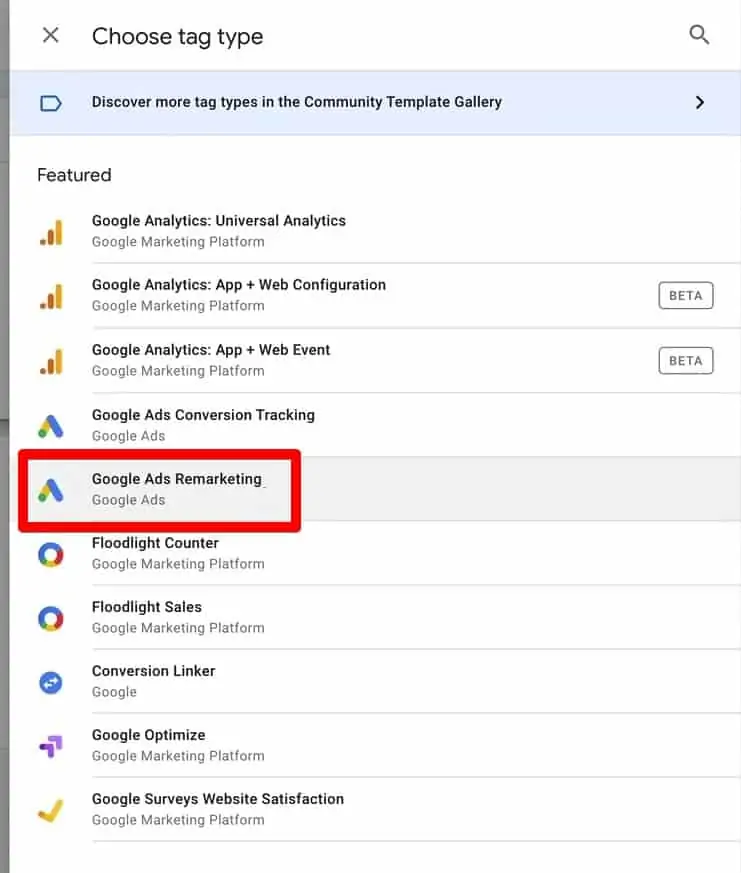 Choose tag type Google Ads Remarketing