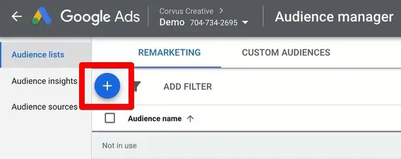 Create Google Ads Audience lists by clicking the blue(+) button.