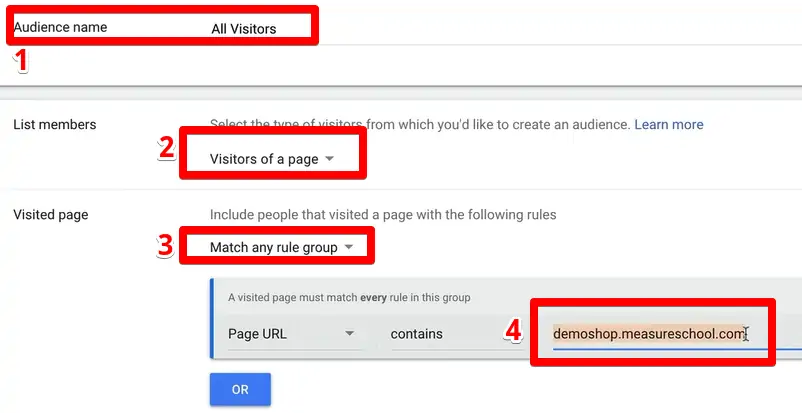 Process of setting up Google Ads Audience lists by selecting Website visitors