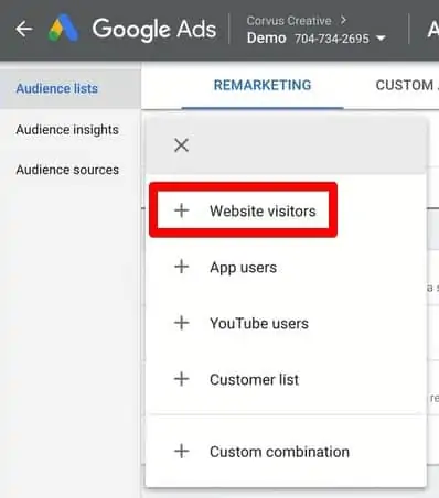 Selecting Website visitors for Google Ads Audience lists