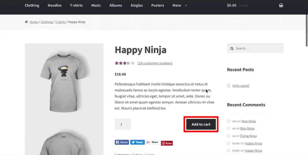 Demo website shop product page with add to cart button highlighted