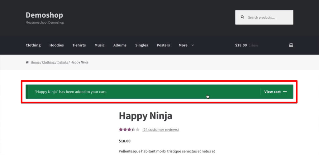 Demo website shop with Added to Cart notification page element highlighted