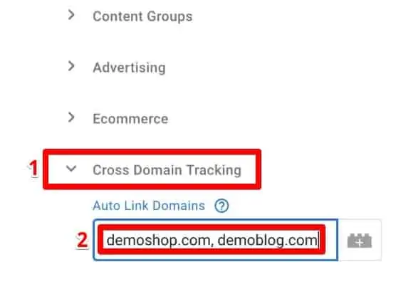 Select Cross Domain Tracking and Auto linking 2 domains
