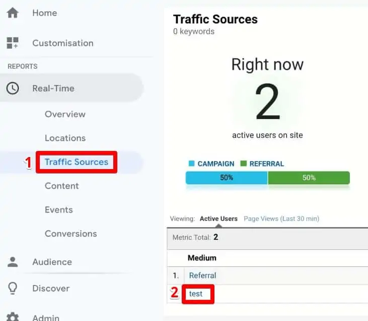Showing that there is a new user “test” from Traffic Sources