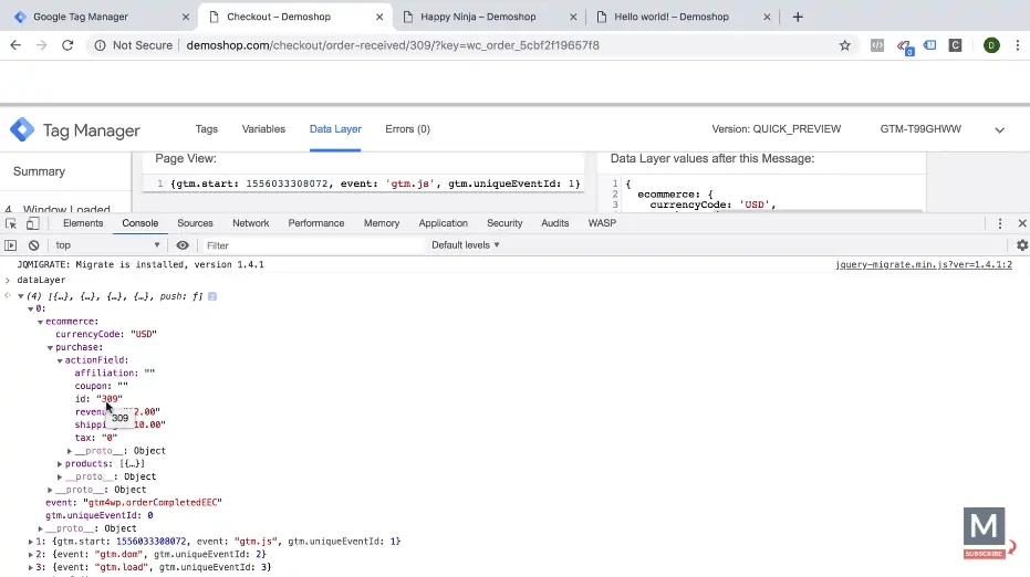 console nested data layer