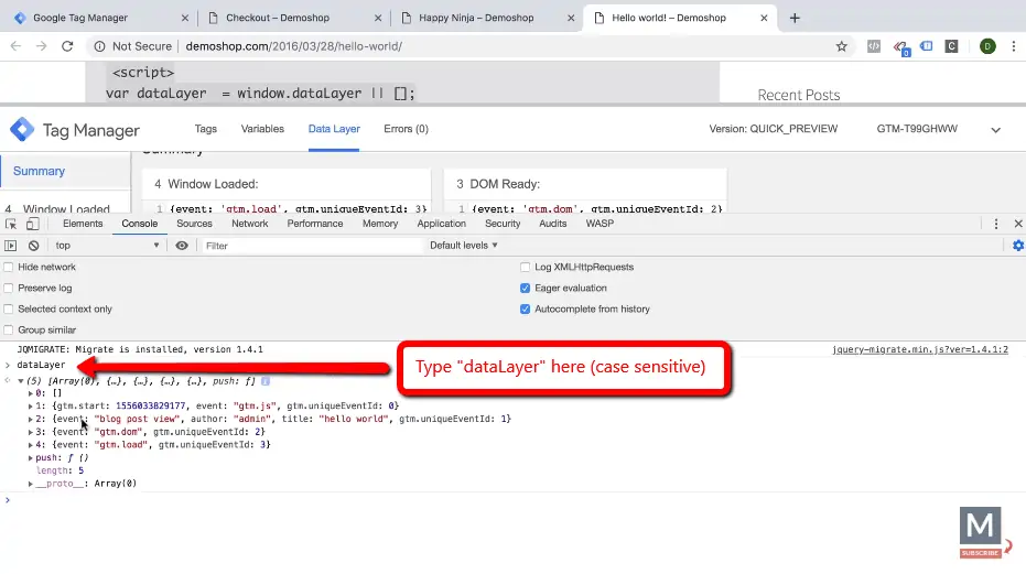 data layer developer tools console