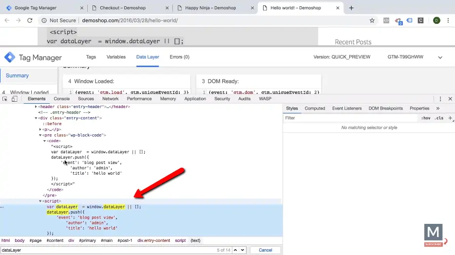 data layer information highlighted in yellow