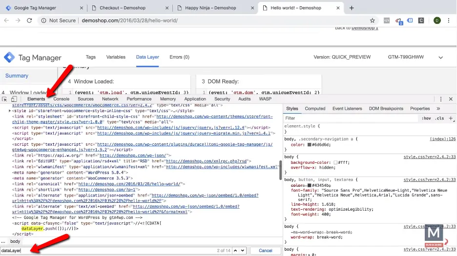 find data layer developer tools elements