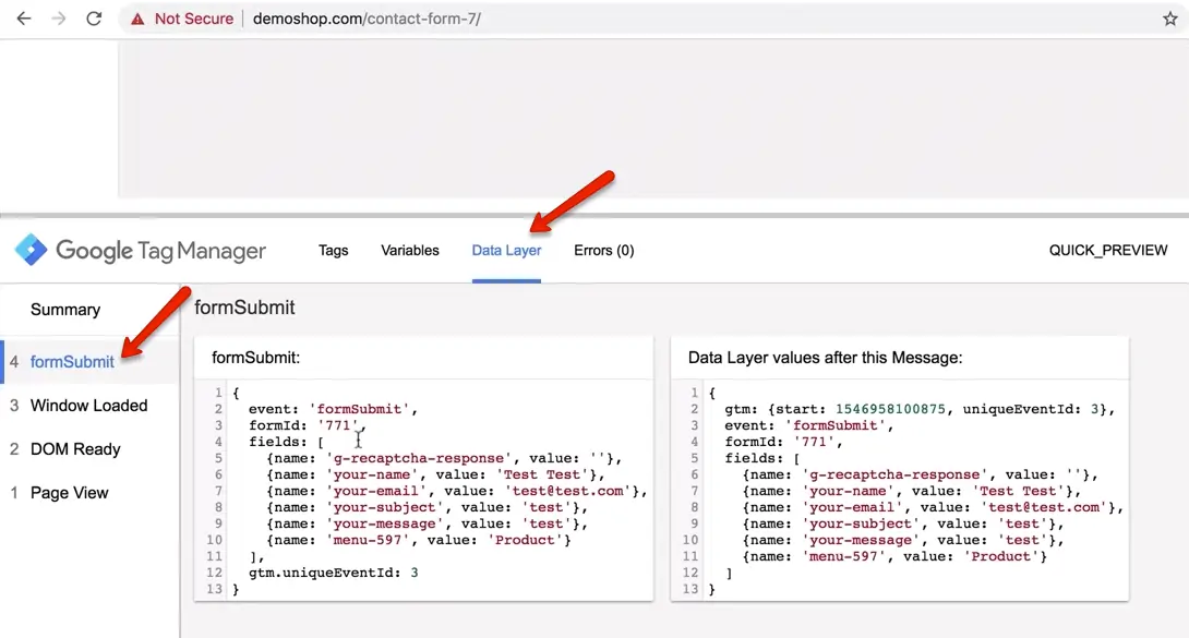 data layer values form submit event google tag manager
