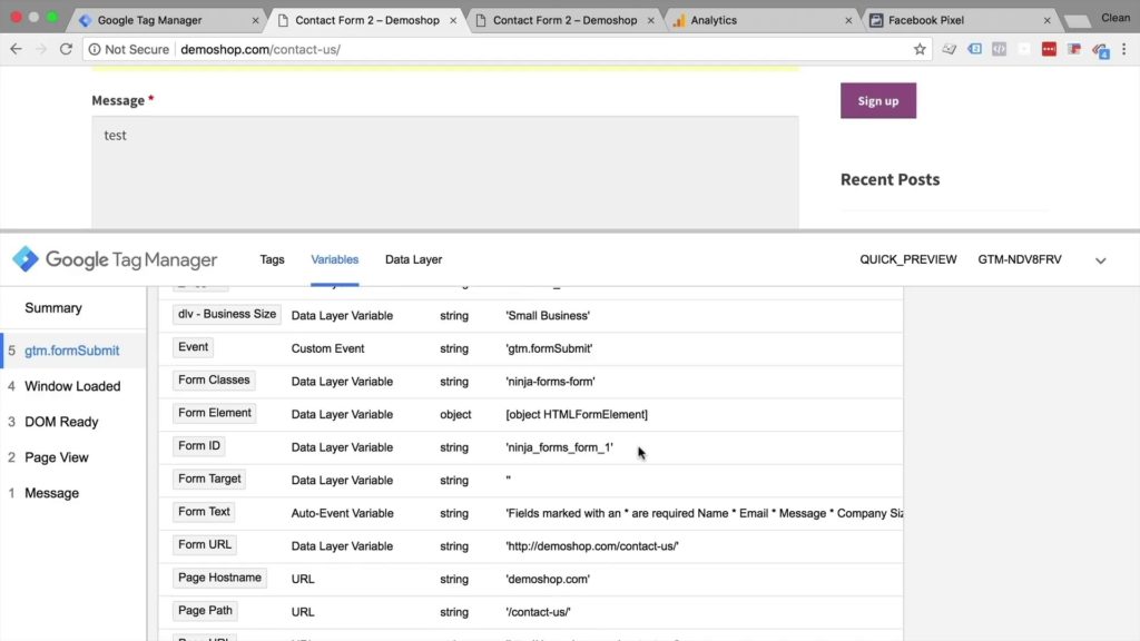 Inspecting the form trigger variables in the data layer