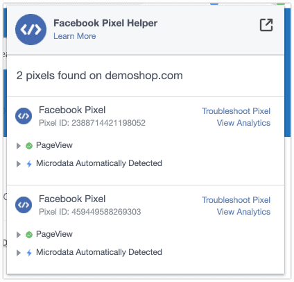 Google Chrome extension Meta Pixel Helper showing two Facebook Pixel codes detected