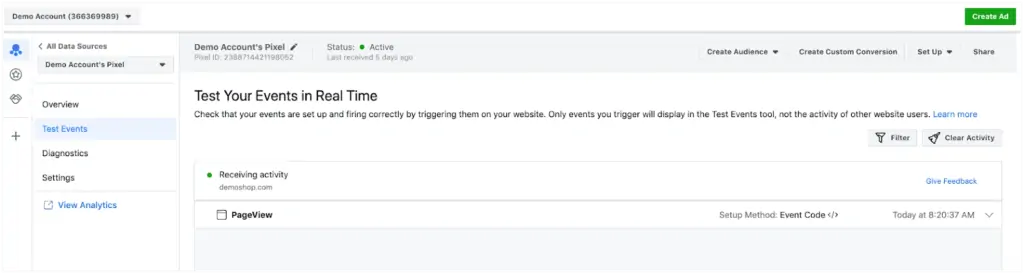 Meta Ads account settings Test Events