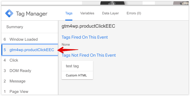 Google Tag Manager preview console with event gtm4wp.productClickEEC highlighted