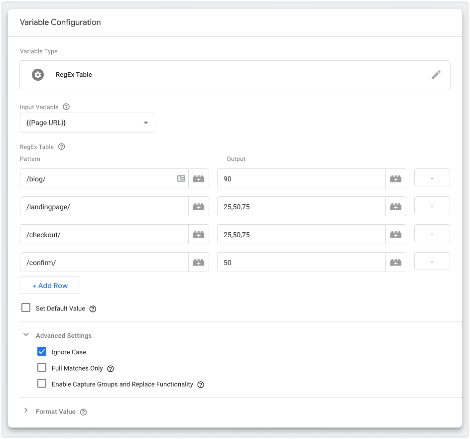 Google Tag Manager variable configuration regex table with input variable {{Page URL}} and multiple patterns with different outputs