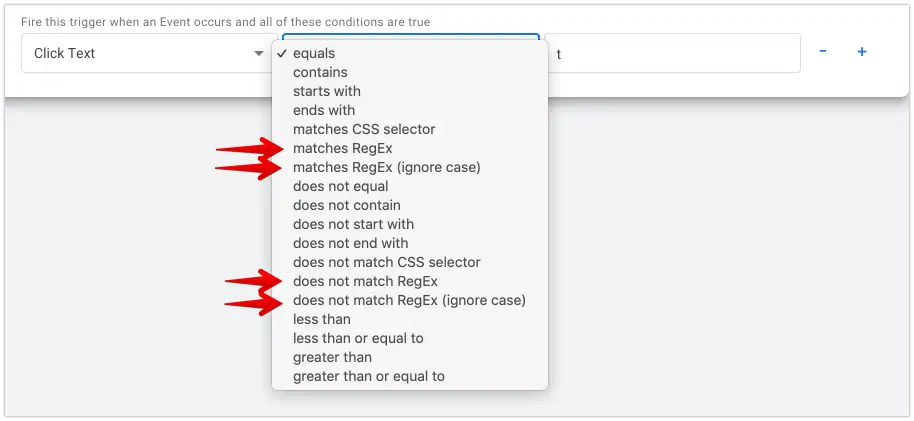 Google Tag Manager trigger conditions with matches RegEx, matches RegEx (ignore case), does not match RegEx, and does not match RegEx (ignore case) highlighted