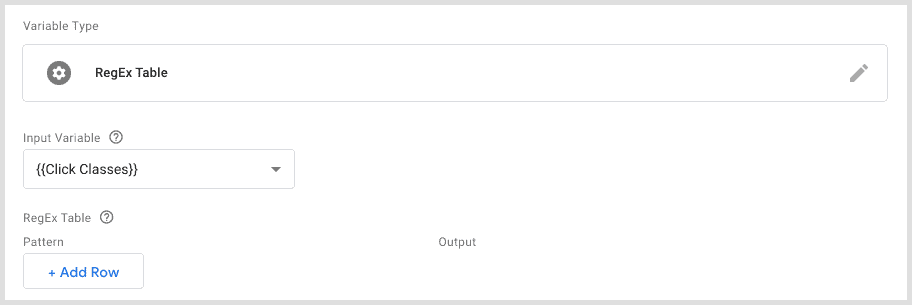 Google Tag Manager RegEx Table variable with {{Click Classes}} input variable