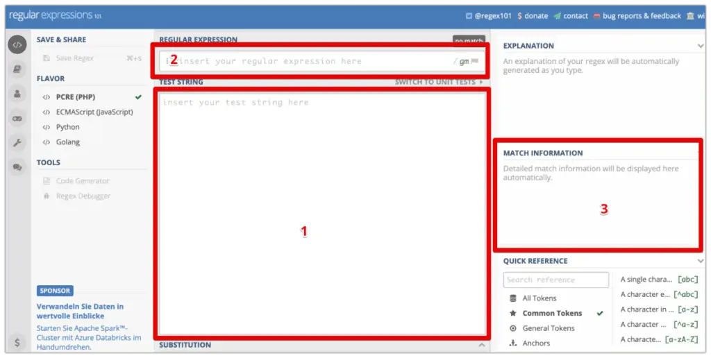 RegEx101 page with test string, regular expression, and match information fields highlighted