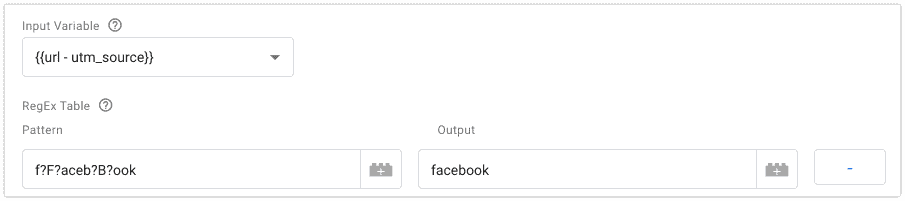 Google Tag Manager variable with input variable {{url - utm_source}} and pattern f?F?aceb?B?ook with output facebook
