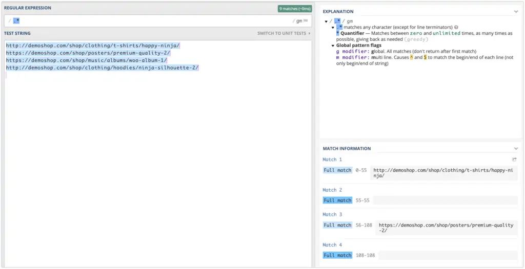 RegEx101 page with dot star regular expression and four test strings highlighted in blue