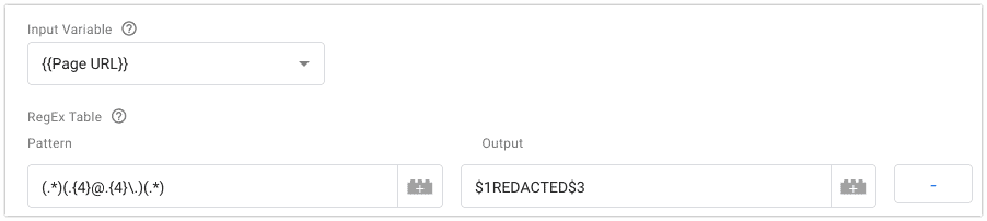 Google Tag Manager variable configuration with input variable {{Page URL}} and pattern (.*)(.{4}@.{4}\.)(.*) with output $1REDACTED$3