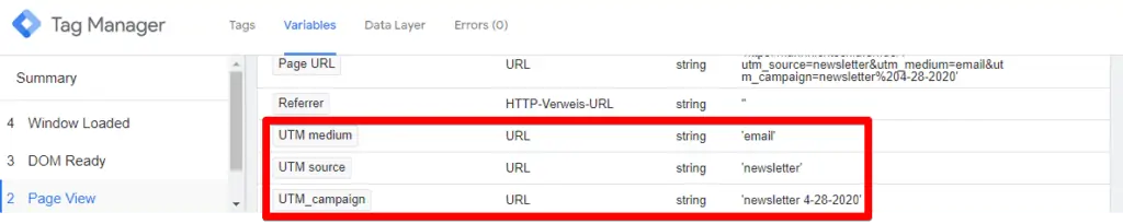 Screenshot of Google Tag Manager preview pane with UTM variables shown