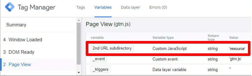 Screenshot of Google Tag Manager preview pane with a Custom JavaScript variable shown.