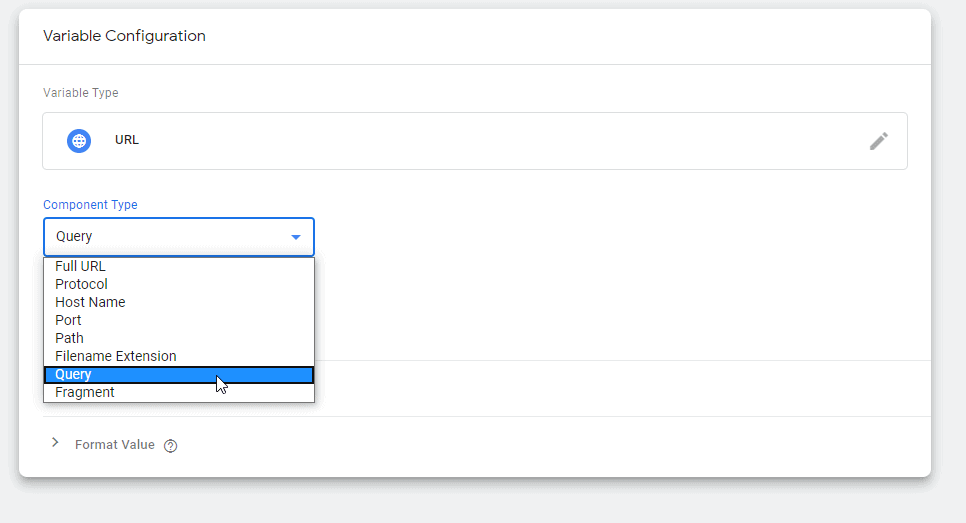Screenshot of Google Tag Manager showing the Component type dropdown in the variable Configuration