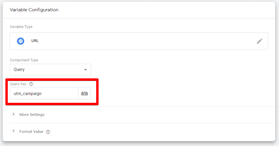 Screenshot of Google Tag Manager showing the Query Key field and utm_campaign in the variable Configuration