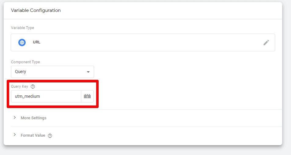 Screenshot of Google Tag Manager showing the Query Key field and utm_medium in the variable Configuration