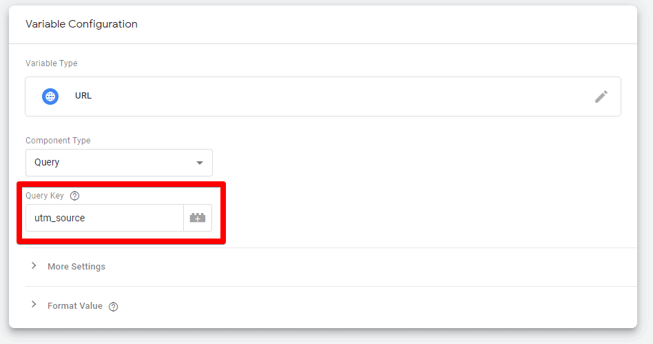 Screenshot of Google Tag Manager showing the Query Key field and utm_source in the variable Configuration