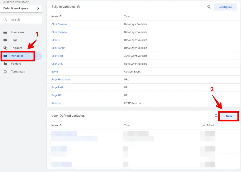 Screenshot of Google Tag Manager showing the variable overview screen