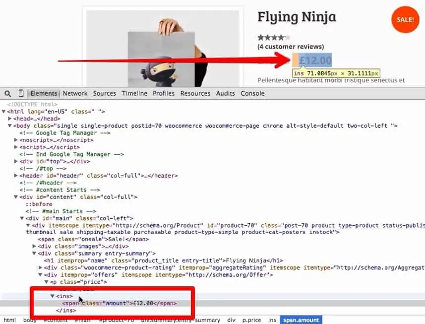 Screenshot of Chrome Dev Tools showing span.amount is child of the ins tag