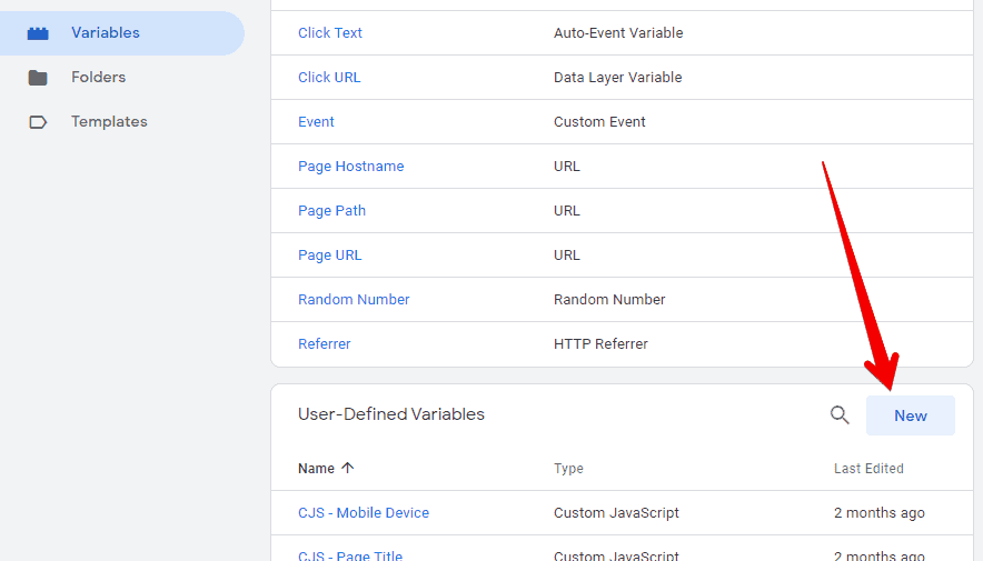 Screenshot of GTM shoing how to create a new Variable