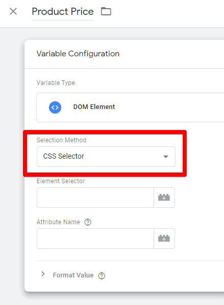 Screenshot of GTM Variable configutation for selection method as CSS Selector
