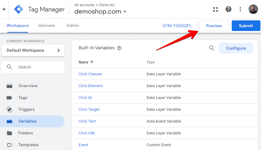 Screenshot of GTM showing DOM Element Variable test