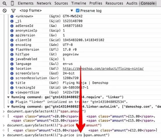 Screenshot of Chrome Dev Tools showing insert ins tag in your CSS selector