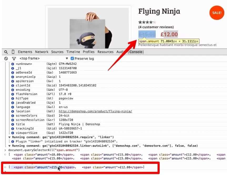 Screenshot of Chrome Dev Tools showing multiple p.class span.amounts on a page