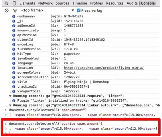 Screenshot of Chrome Dev Tools showing the p.price span.amoun for CSS selection