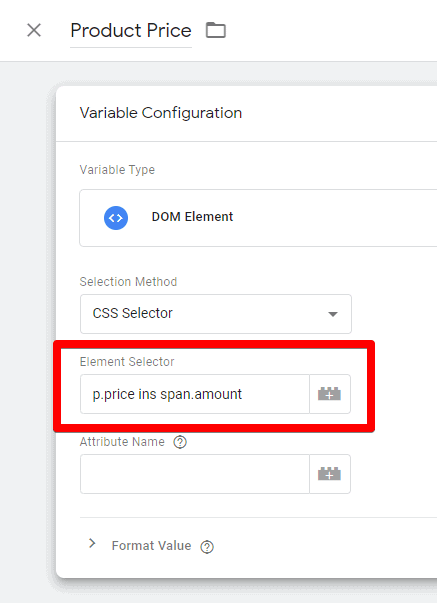Screenshot of GTM showing the Element Selector