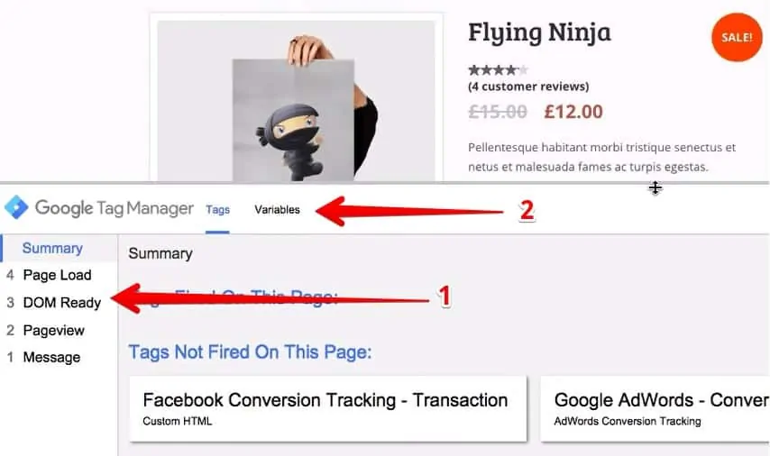 Screenshot of GTM showing preview and debug mode on the site