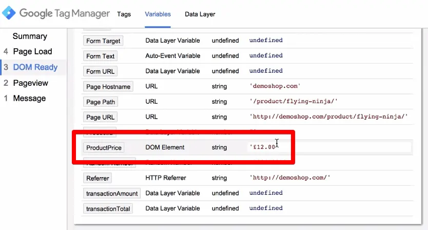 Screenshot of GTM showing product price being captured in the DOM Element Variable