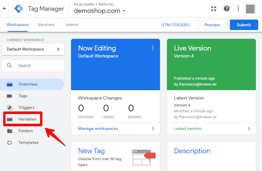 Screenshot of GTM Highlighting where to find Variables