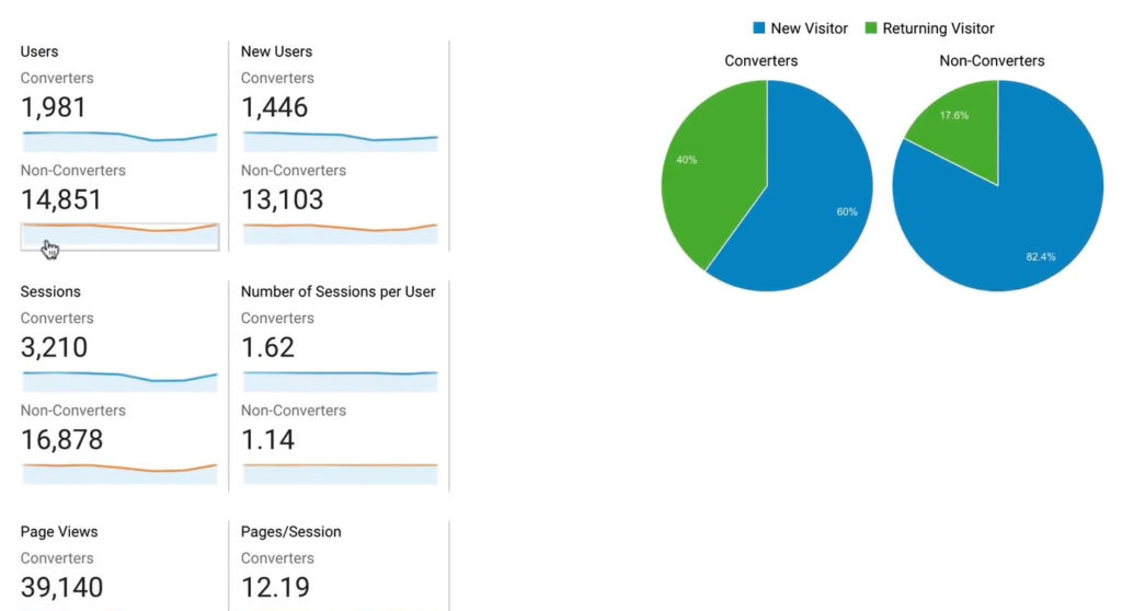 Google Analytics audience overview comparing converters and non-converters between new and returning visitors