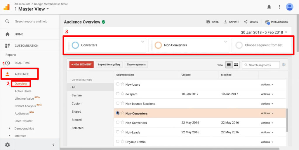 Google Analytics audience overview, creating new segments for Converters and Non-Converters