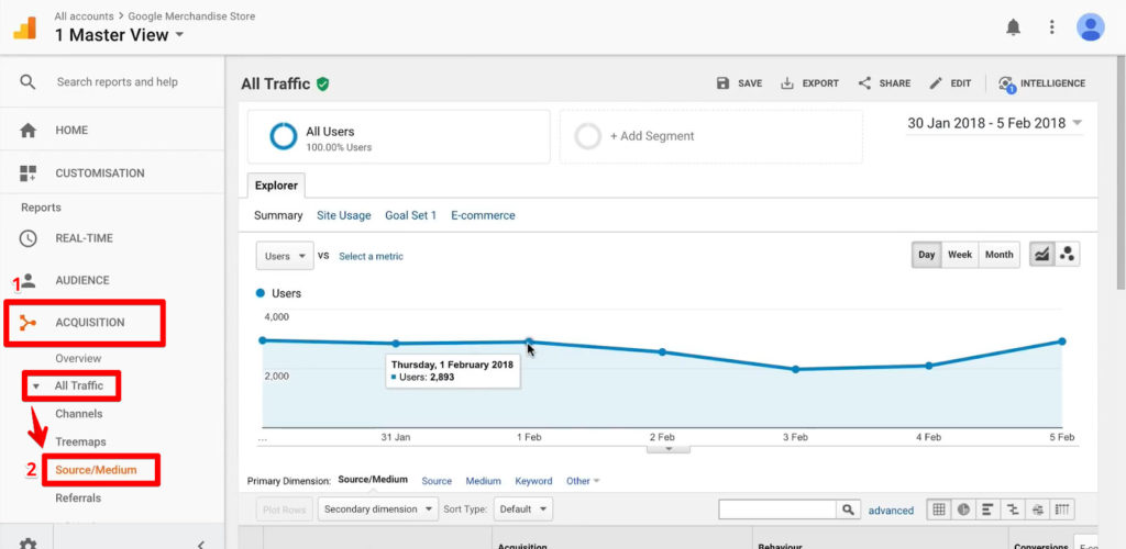 Google Analytics source tracking with Acquisition, All Traffic, and Source/Medium highlighted