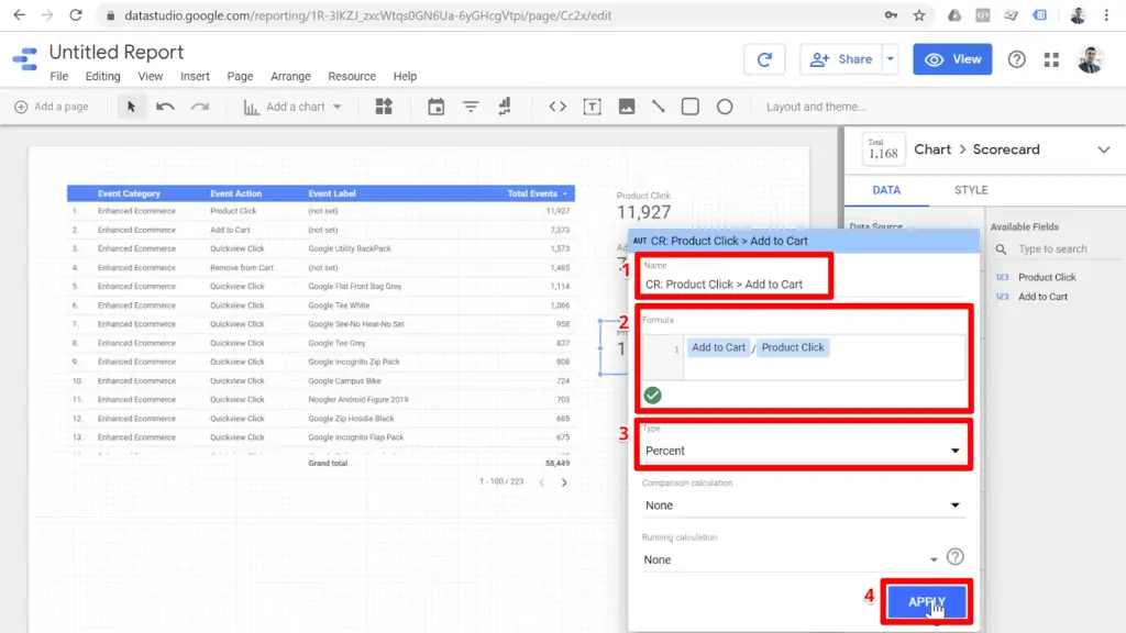 Screenshot metric configurations with name, formula, type, and Apply button highlighted