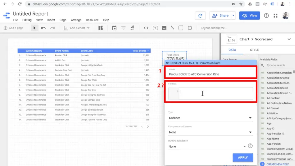 Screenshot new field configuration named Product Click to ATC Conversion Rate and empty formula box highlighted with a question mark next to it