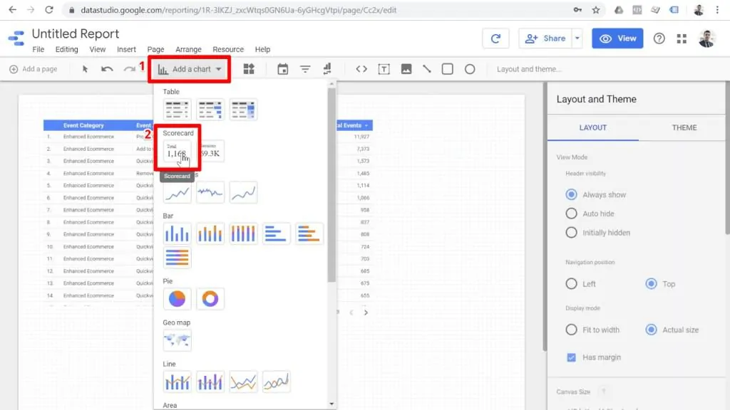 Screenshot of Add a chart menu in Looker Studio with Scorecard option highlighted